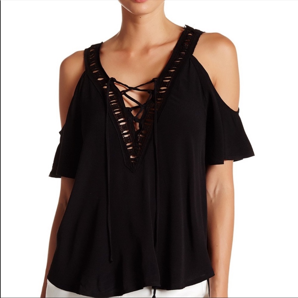 ASTR Lace Up Cold Shoulder Top Blouse Black Medium